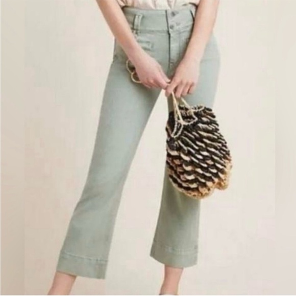 Anthropologie Pilcro High Rise Flare Sage Green Cropped Pants - Picture 3 of 11